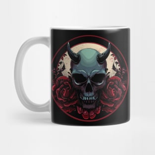 Dark scary skull with red rose flowers in a circle Halloween Mug